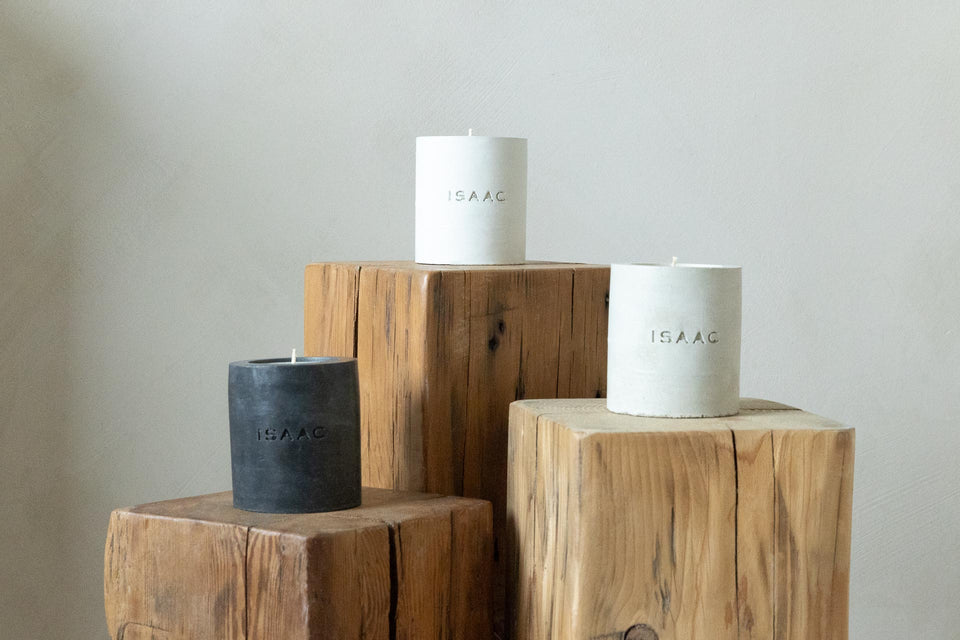 New ISAAC 1289 Elements Collection: SAKYA, DUNE and MOON Coloured Concrete Candles on top of wood stand